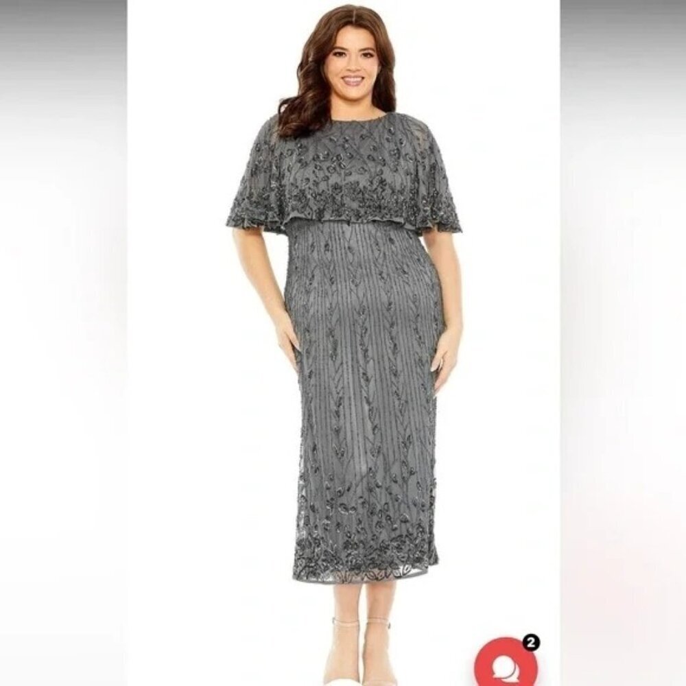 NWT Mac Duggal 5939 Cape Sleeve Embellished Midi Dress Pewter Size 14W